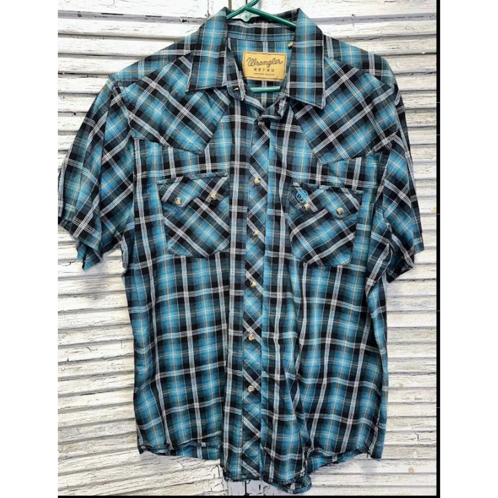 Men's Blue/Black Wrangler Retro Pearl Snap Shirt Size Large